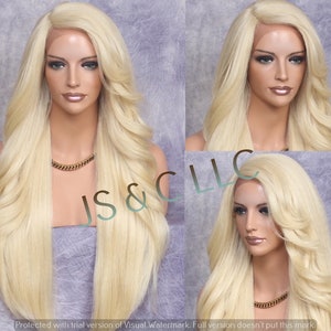 Bleached Blonde Luscious Human Hair Blend Full Lace front wig with Feathered sides Long swept bangs and natural side parting Cancer Alopecia