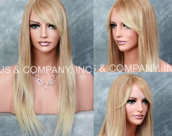 24" 100% Human Hair Wig BLONDE MIXED Full Bangs Layered Long Cancer/Alopecia/Cosplay/Theater