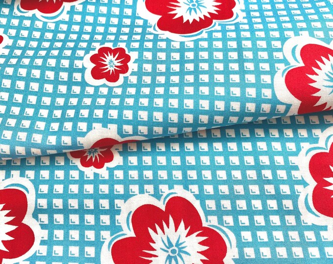 1/2 Yard Aqua and Red Floral Quilt Fabric, Check Quilt Fabric, Retro