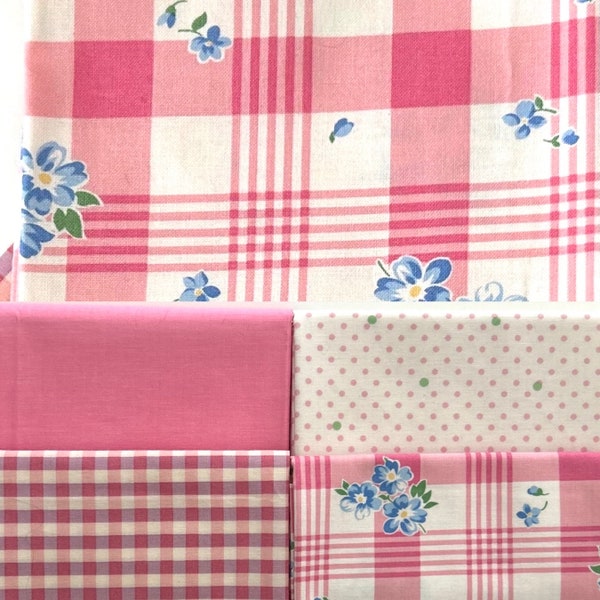 4 Pink Quilt Fabric Fat Quarter Bundle.  Pink and Purple Gingham, Pink and Blue Floral Plaid Fat Quarters. Baby Girl Quilt Fabric