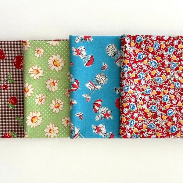 OOP 30’s Reproduction 4 FQ Bundle Quilt Fabrics. Blue Children’s, Green Daisy, Brown Strawberries, Red Floral.