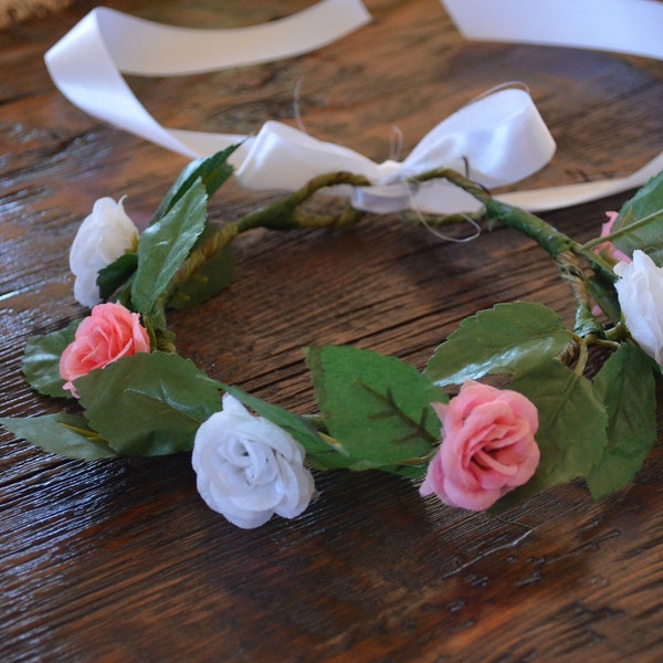 Pink and White flower crown, flower crown, girl flower crown, child flower crown, flower girl, birthday girl flowers, artificial flowers