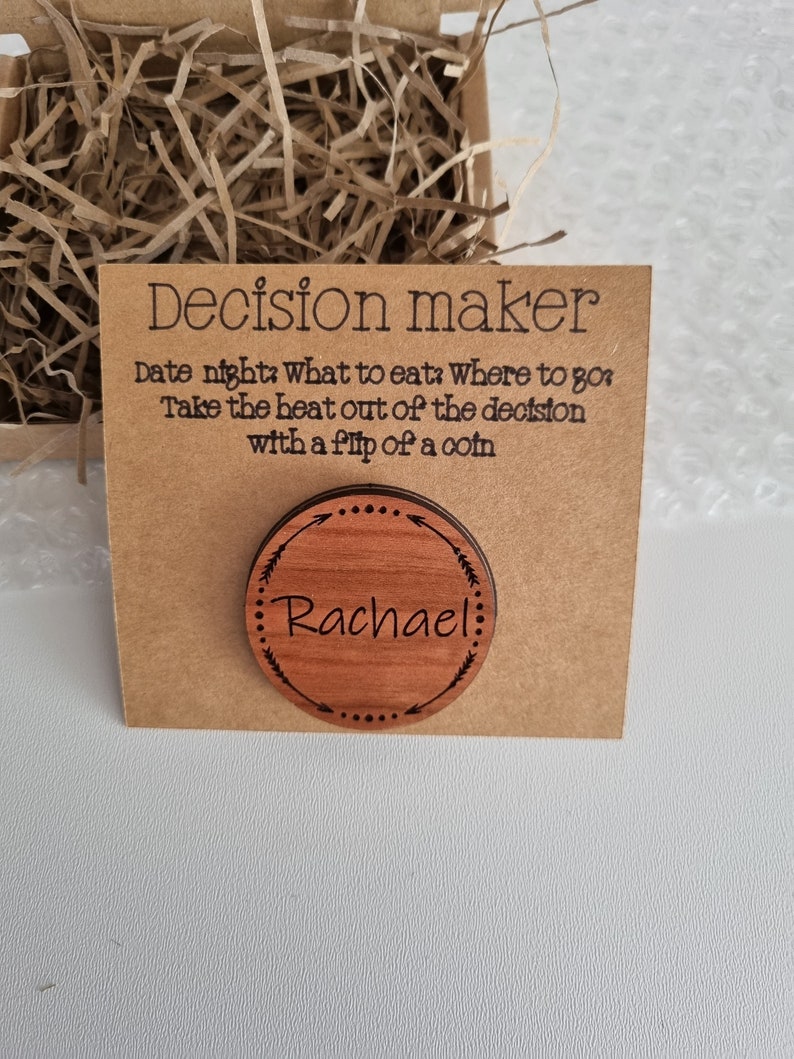 Decision Maker Coin Decision Flip Coin Personalised Couples Decision Making Wooden coin with names Dual sided Decision Coin image 4