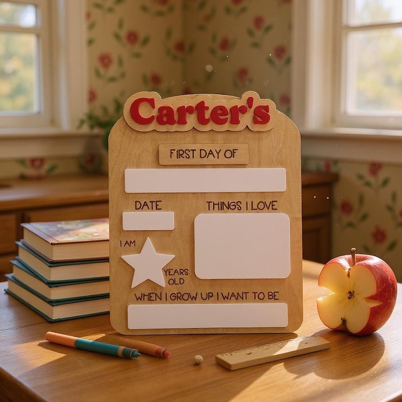 May include: A wooden sign for "Carter's" first day of school, with spaces for details. The sign includes areas for date, things I love, and aspirations. A red apple with a bite taken out of it sits on the table. The sign is made of wood.