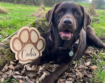 Personalised Paw Print Sign: Laser Engraved Wood Pet Name Plaque