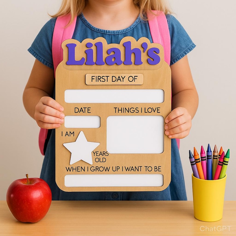 May include: A wooden sign with the name "Lilah's" in purple letters, designed for the first day of school. The sign includes spaces for the date, things loved, and a photo. A red apple and a yellow cup of crayons are also visible.