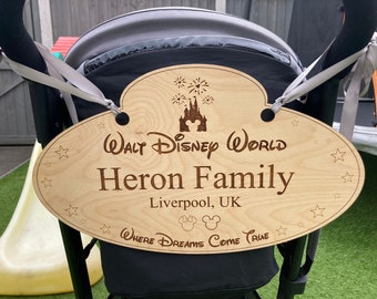 Disney Themed Pram Sign - Stroller Sign | Personalised Push Chair Sign | Disney World Name Sign | Pram Identity For Disney World