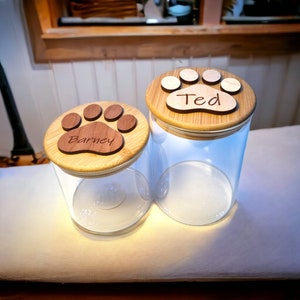 Personalised Paw Print Dog Treat Jar: Engraved Wooden Lid | Custom Treat Jar