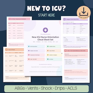 Peut inclure: Un ensemble de fiches mémo pour infirmiers en soins intensifs comprenant plusieurs pages avec des tableaux médicaux, dont l'échelle de Glasgow, les types de choc et des références ACLS. Les documents utilisent une palette de couleurs pastel.