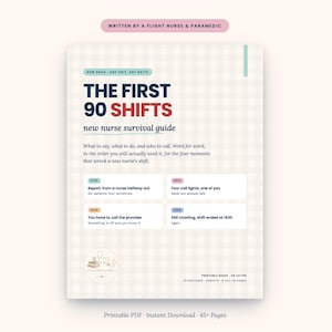 May include: A printable guide titled The First 90 Shifts, a new nurse survival guide written by a flight nurse and paramedic. The document features a light beige gingham background with dark blue and red text, including four specific shift scenarios.