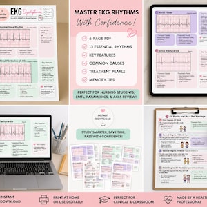 May include: A digital study guide for EKG dysrhythmias featuring 13 essential rhythms, key features, common causes, and treatment pearls. The educational material is presented on printed sheets, a tablet screen, and a laptop screen with text.