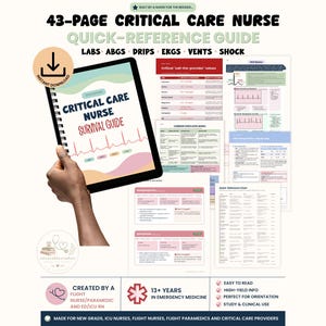 Puede incluir: Una guía de referencia rápida de 43 páginas para enfermería de cuidados intensivos con secciones sobre laboratorios, gases arteriales, goteos, ECG, ventiladores y shock. El documento en espiral incluye el título Critical Care Nurse Survival Guide.