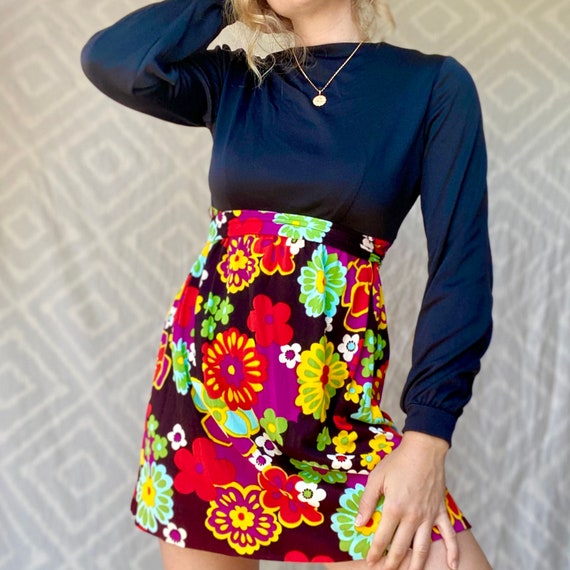 60s 70s mod psychedelic floral mini dress true vi… - image 3