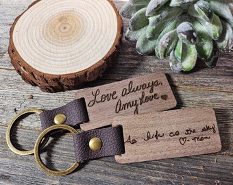 Gepersonaliseerde houten sleutelhanger-aangepast handschrift gegraveerd en ontworpen