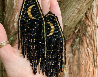 Very Extra Witchy Halloween Cresent Moon Seed Bead + Crystal Big, Confetti Fringe Earrings, Hand Woven, Original Design, Beautiful