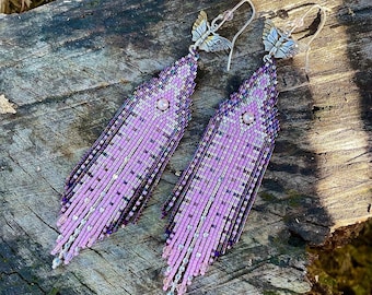 Handwoven Purple, Pink, and Silver Boho Fringe Butterfly Seed Bead and Crystal Long Shoulder Duster Earrings -Sterling Silver Hardware
