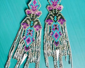 Victorian Style Floral Extra Long Seed Bead Fringe Earrings - Turquoise, Green, Iridescent Pink & Solid Sterling Silver