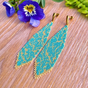 Turquoise & Gold Matrix Beaded Fringe Earrings Stunning Hand Woven Wearable Art Long Seed Bead Western Glittering Boho Statement Bead Work
