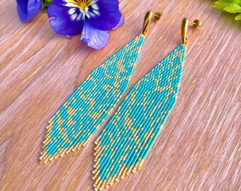 Turquoise & Gold Matrix Beaded Fringe Earrings Stunning Hand Woven Wearable Art Long Seed Bead Western Glittering Boho Statement Bead Work