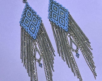 Handwoven Periwinkle and White Gold Seed Beads, Crystals and Sterling Chain Fringe Long Shoulder Dustder Earrings with Sterling Studs