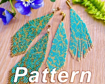 Gold Metallic Matrix in Turquoise Brick Stitch Fringe Earrings Beading Pattern, Southwestern Style Bead Weaving, Download PDF, Editable File