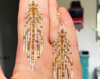 Holiday Glam Radiant Cross Beadwork Fringe Earrings - Iridescent Transparent and Gold/Pink Seed Beads + Crystals - 14k Over Sterling Hooks