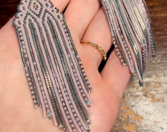 Handwoven Iridescent Baby Pink and White Gold Guilded Boho Fringe Seed Beads and Crystals Long Earrings - Sterling Silver Studs