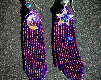 Witchy Halloween Star & Cresent Moon Swarovski Crystal Seed Bead Fringe Earrings + Thunder Polished Crystal Accents - Sterling Hooks