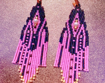 Art Deco 1920s Revival Mini Seed Bead Fringe Earrings - Original Design - Iridescent Purple & Pink with gold crystals, pearl accents