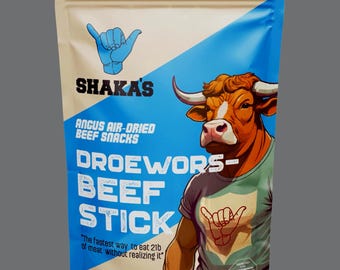 May include: A package of Shaka's Angus air-dried beef snacks, featuring a cartoon bull wearing a t-shirt with a hand gesture. The package is white and blue, with the text "DROE WORS BEEF STICK" and a net weight of 8 oz (226 g).