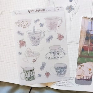 transparent clear matte aesthetic tea time sticker sheet, cups sticker sheet, bujo sticker sheet, planner sticker sheet, bullet journaling