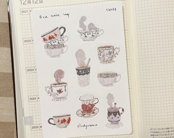Afternoon Tea Cup Sticker Sheet, Vintage Style, Bujo Stickers
