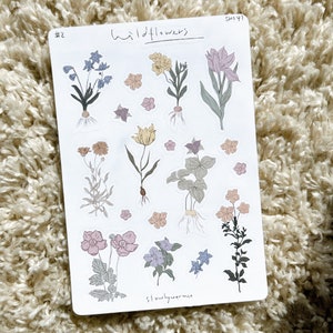 aesthetic wildflower sticker sheet, flower stickers, bujo stickers, bullet journaling, planner stickers, vintage flowers, light vintage