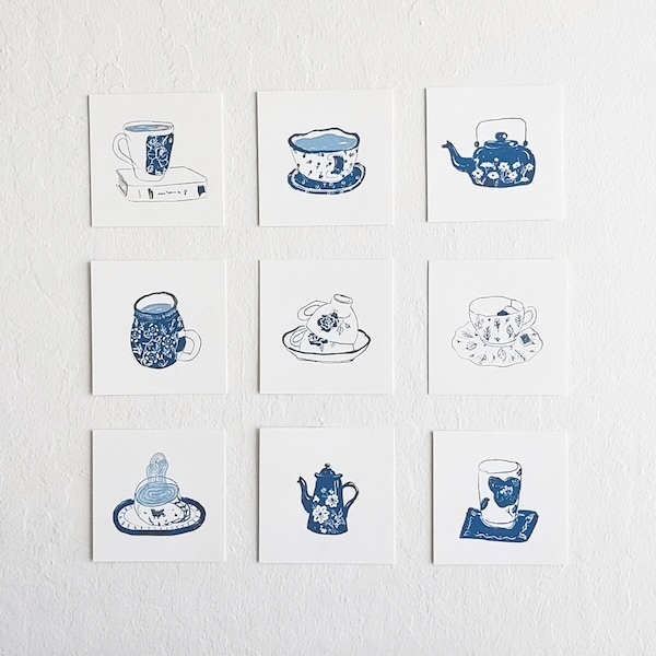 4x4 small wall art, tea time art prints, tea lover art wall decor, aesthetic art prints, blue tea cups, tea cups art print