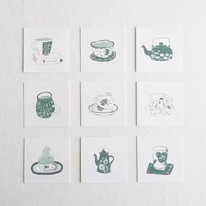 4x4 small wall art, tea time art prints, tea lover art wall decor, aesthetic art prints, green tea cups, tea cups art print