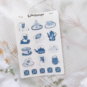 transparenter blauer Tea Time Sticker Sheet, Teetasse Sticker, Bujo Bullet Journal Sticker, Planer Sticker, Gemütliche Sticker, Teeliebhaber