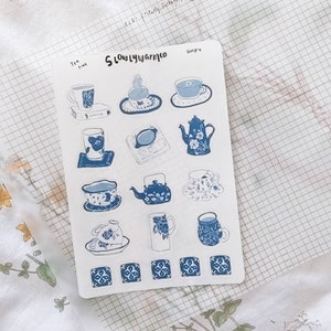 transparent aesthetic blue tea time sticker sheet, tea cup sticker, bujo bullet journaling sticker, planner sticker, cozy sticker, tea lover