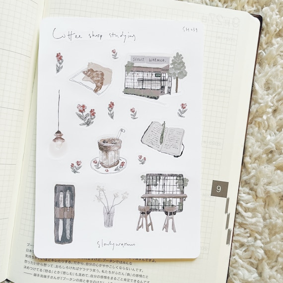 aesthetic coffee shop studying sticker sheet, bullet journaling sticker, planner sticker, coffee person sticker sheet, study in cafe sticker