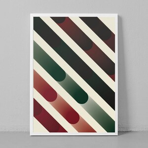 Könnte beinhalten: Abstrakter geometrischer Druck mit diagonalen Streifen in Rot-, Grün- und Cremetönen. Die Streifen bestehen aus überlappenden Halbkreisen.