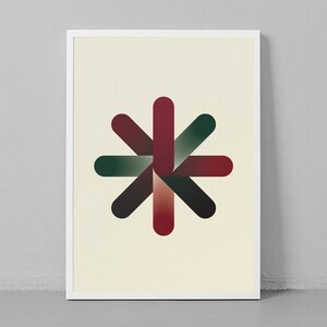 May include: Abstract geometric design with a star shape made of overlapping red and green shapes.