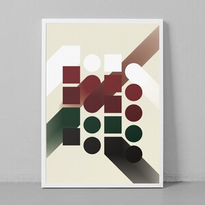 Könnte beinhalten: Abstrakter geometrischer Kunstdruck mit überlappenden Formen in Rot-, Grün- und Schwarztönen auf cremefarbenem Hintergrund.
