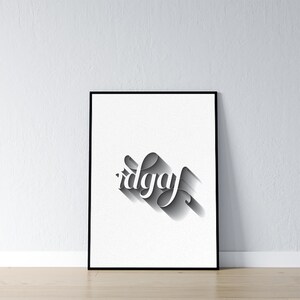 May include: A black framed print with the word "idgaf" written in a stylized font with a drop shadow effect.