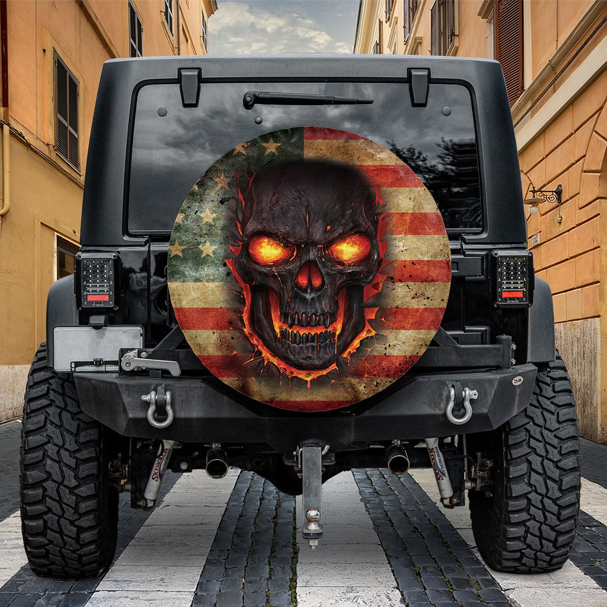 Skull American Flag Spare Tire Cover With Or Without Backup Camera Hole, Spare Tire Cover For Camping