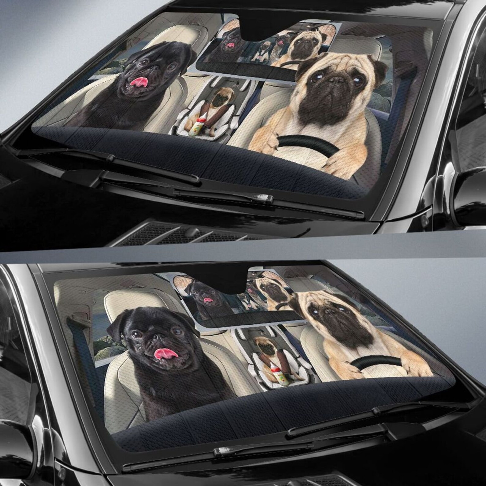 Three Pugs Safe And Driver Auto Sun Shade Auto Cover Protector Etsy
