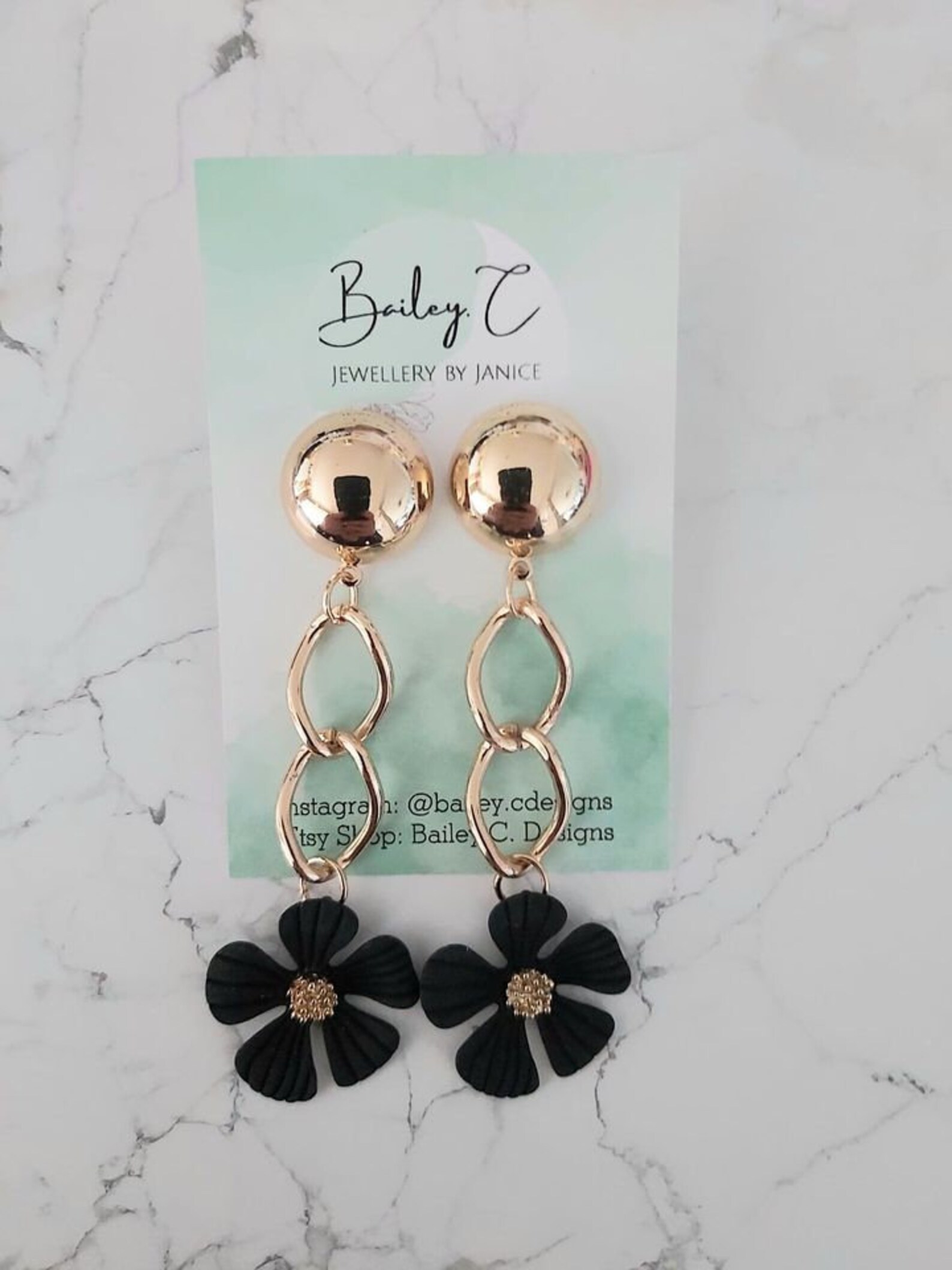 Gold & Black Floral Drop Earrings Etsy