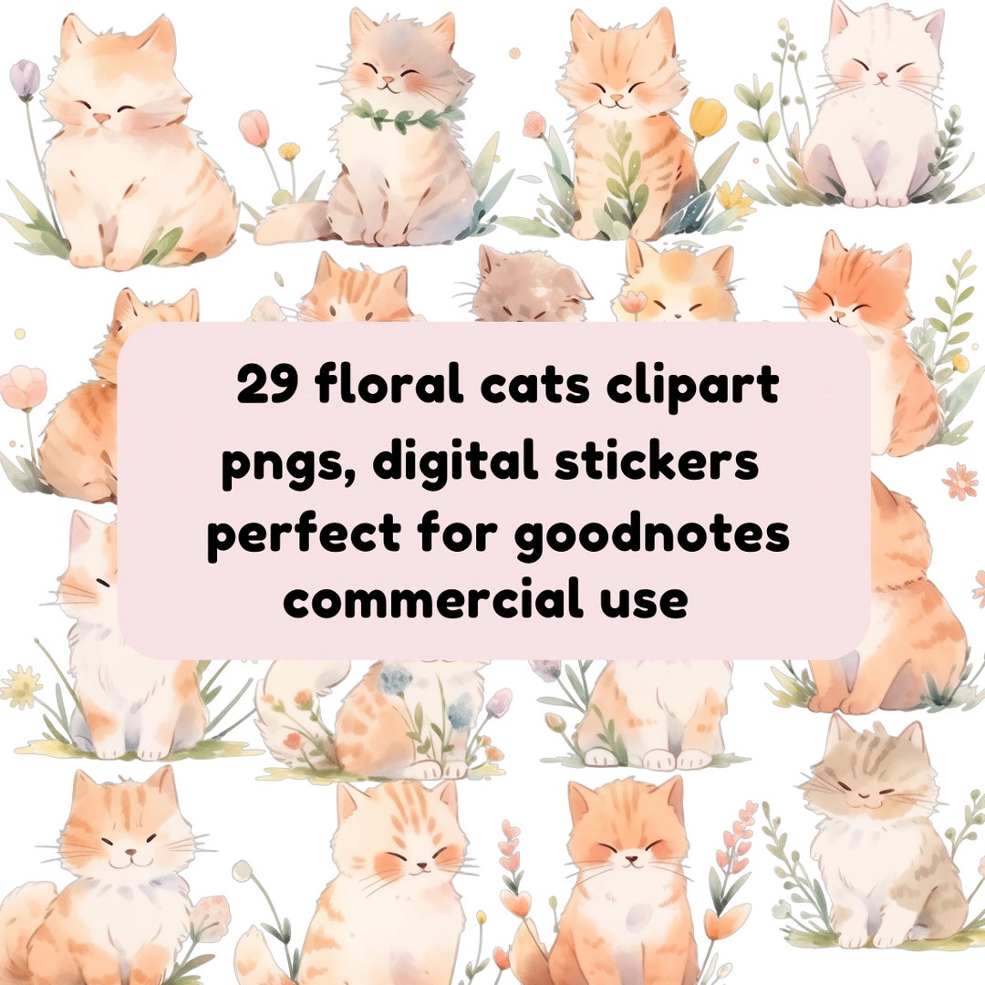 Watercolour Spring Cat Clipart Pngs: Cute Cartoon Digital Stickers Set ...
