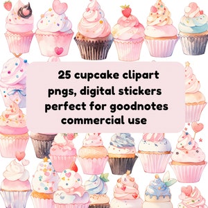 Whimsical Cupcake Clipart PNGs - Watercolour Pastel Digital Stickers, pastel PNGs, goodnotes stickers, watercolour, cute kawaii cakes
