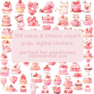 Whimsical Watercolour Cats Cupcake Clipart Set – Digital Download for Crafts and Stationery, digital stickers, valentines day, pastel PNGs