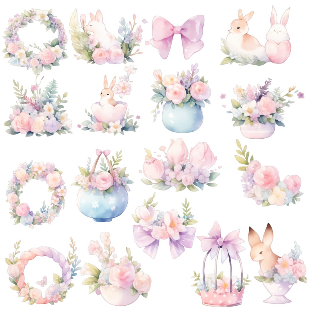Easter Bunny Clipart and Floral Digital Stickers - Spring Theme, PNG ...