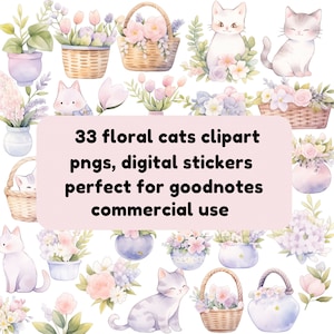 Spring floral Watercolour Cats Clipart PNGs - Digital Stickers for Crafts, pastel PNGs, goodnotes stickers, cute kawaii cats